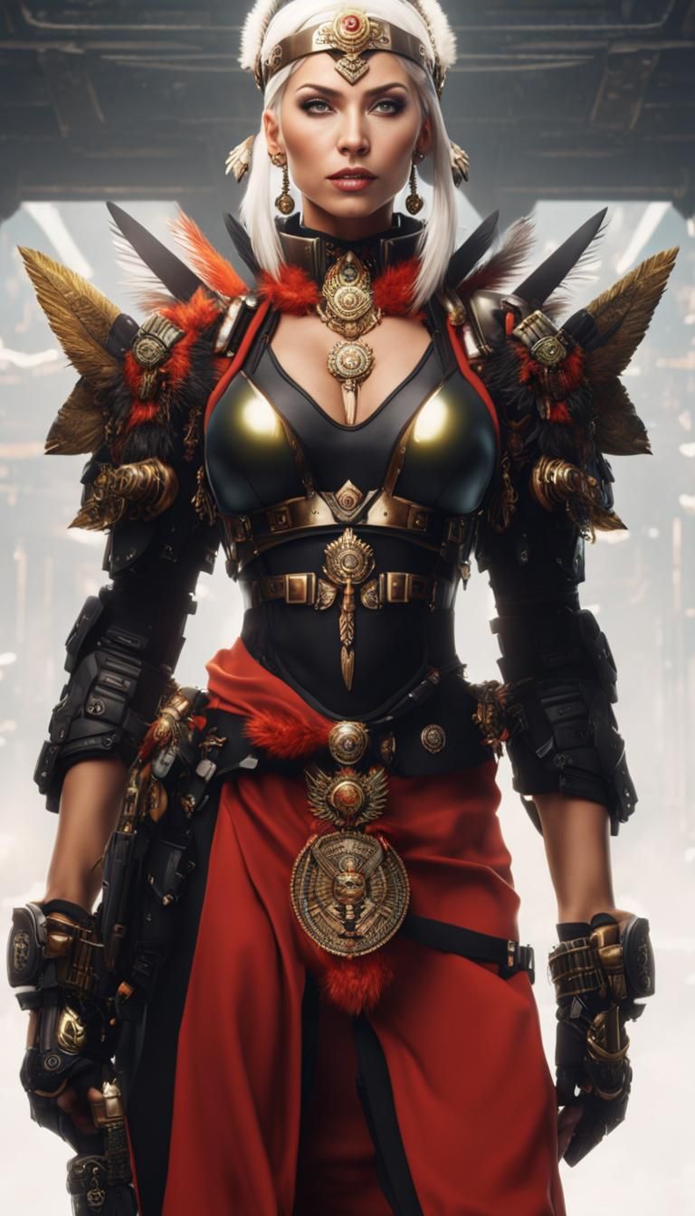 Aztec Warrior Woman in Cyberpunk Servo-Armor