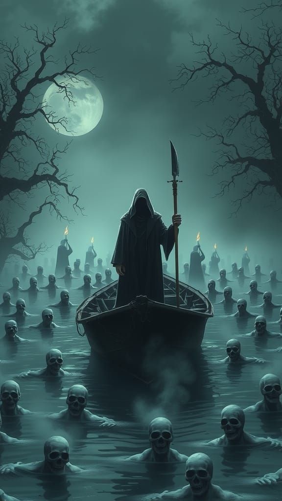 Grim Reaper Ferrying Souls in Beksiński-esque Landscape