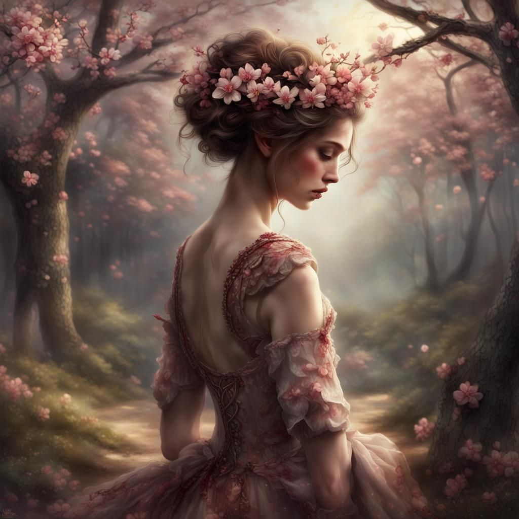 Glimmering Girl with Apple Blossoms: Fantasy Art