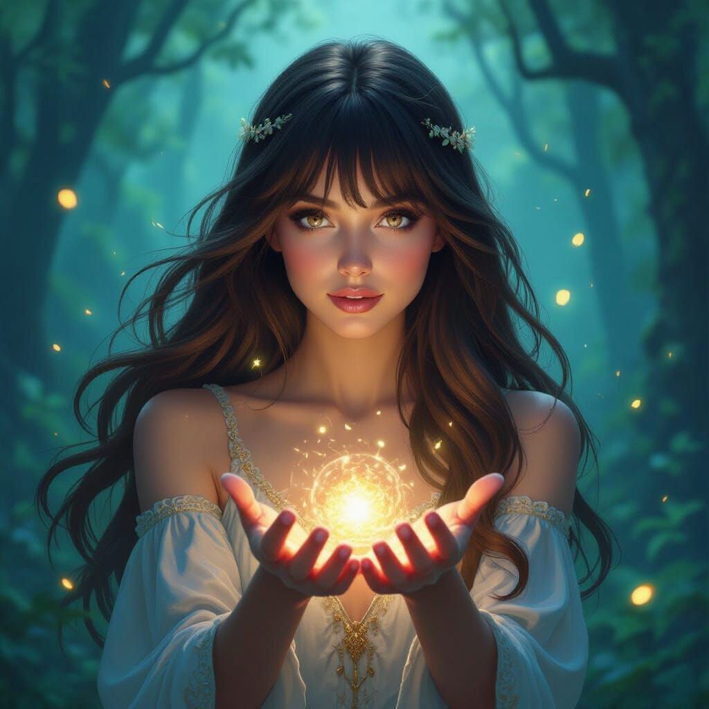 Young Sorceress Conjures Magic in Twilight Forest