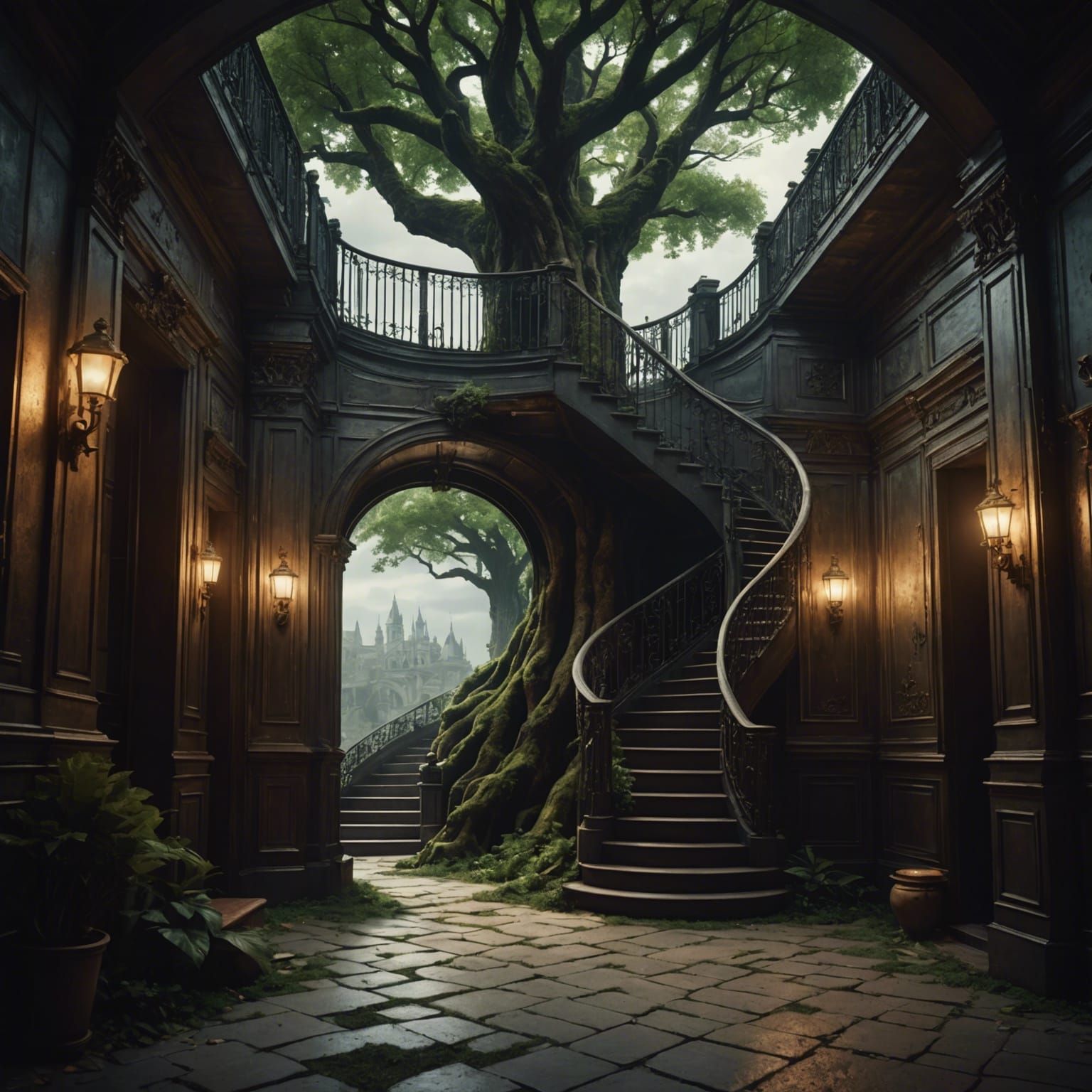 Underground Tree Mansion with Elevator Door: Digital Paintin...