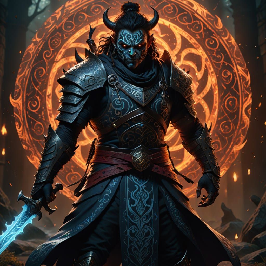 Demon Slayer in Vortex of Color, Wielding Glowing Sword