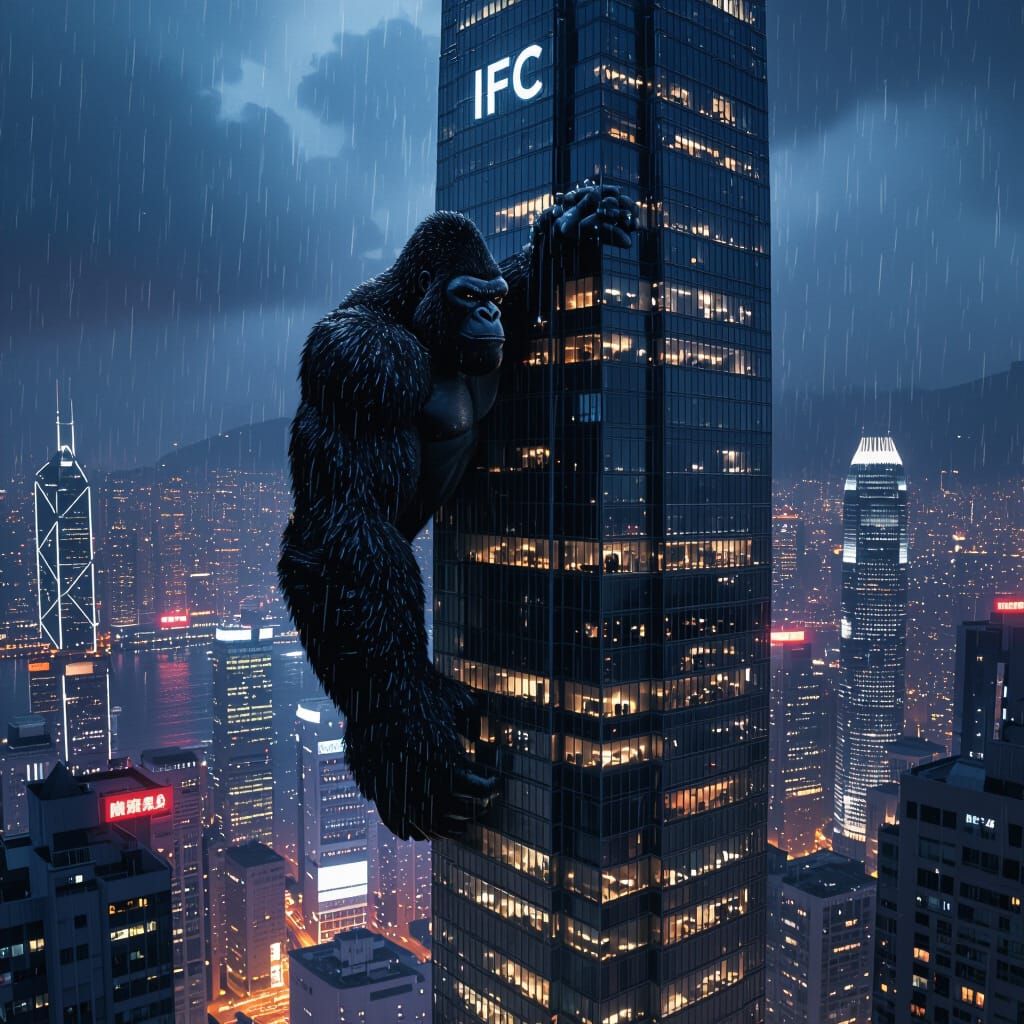 Giant King Kong Climbs Hong Kong IFC Building at Night