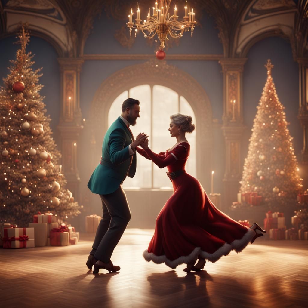 Christmas Waltz: Detailed Matte Painting of Dancing Couple