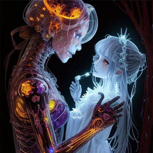 Luminous Ghost with Skeleton Baby, Watercolor Art