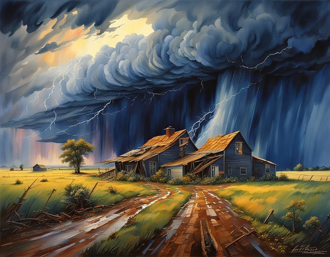 Watercolor Tornado Devastation on Farmland