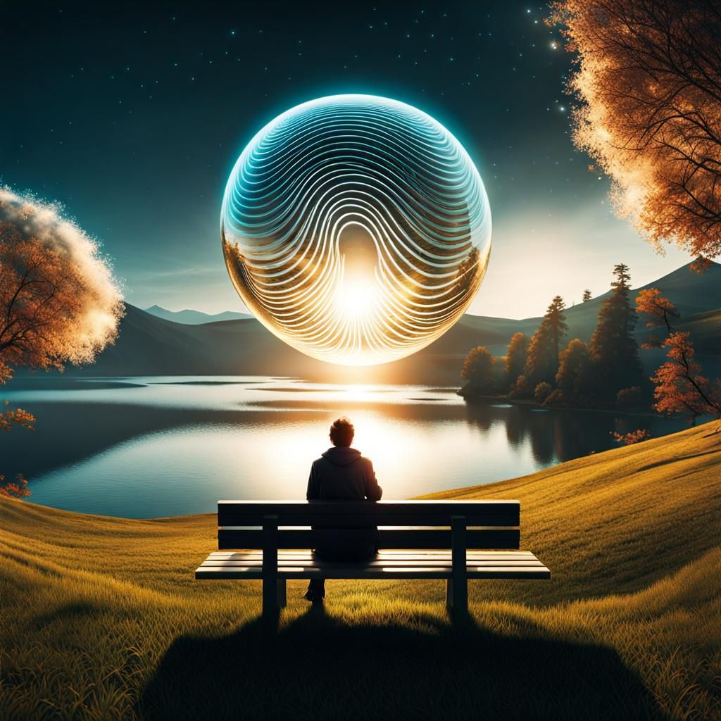 Mystic Shaman and Fantasy Orb Overlooking Lake