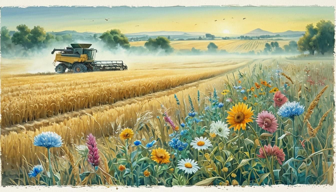 Surreal Watercolor Combine Harvester in Golden Fields