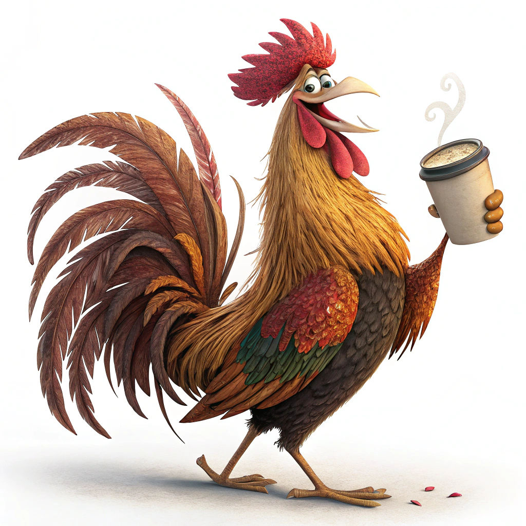 Proud Rooster with Coffee: 3D Render in Gleaming Colors