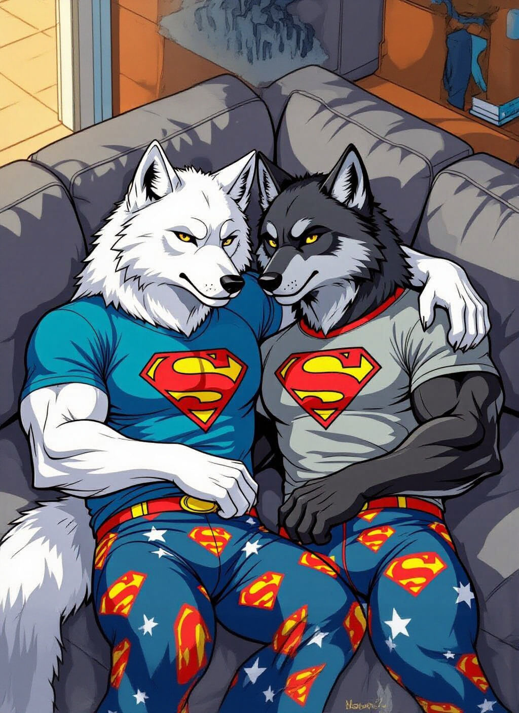 Muscular Wolves Cuddle in Comic Book Art Style