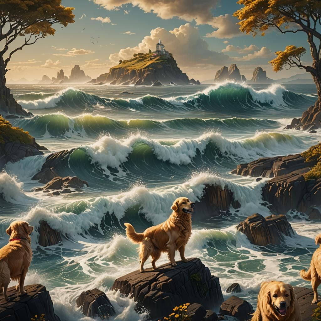 Golden Retriever in Ocean Landscape: Detailed Matte Painting