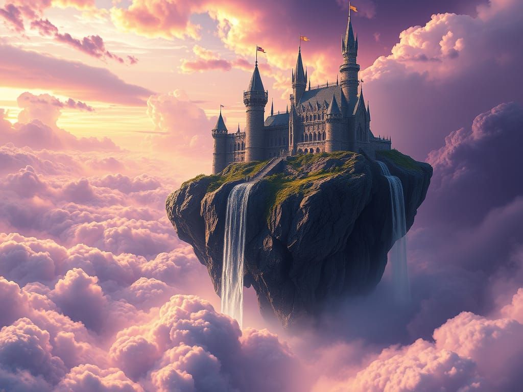 Majestic Castle on Floating Rock with Waterfalls