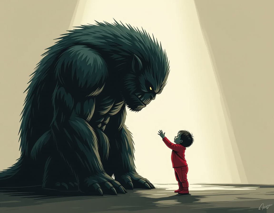 Toddler Hugs Sad Monster in Film Noir Style