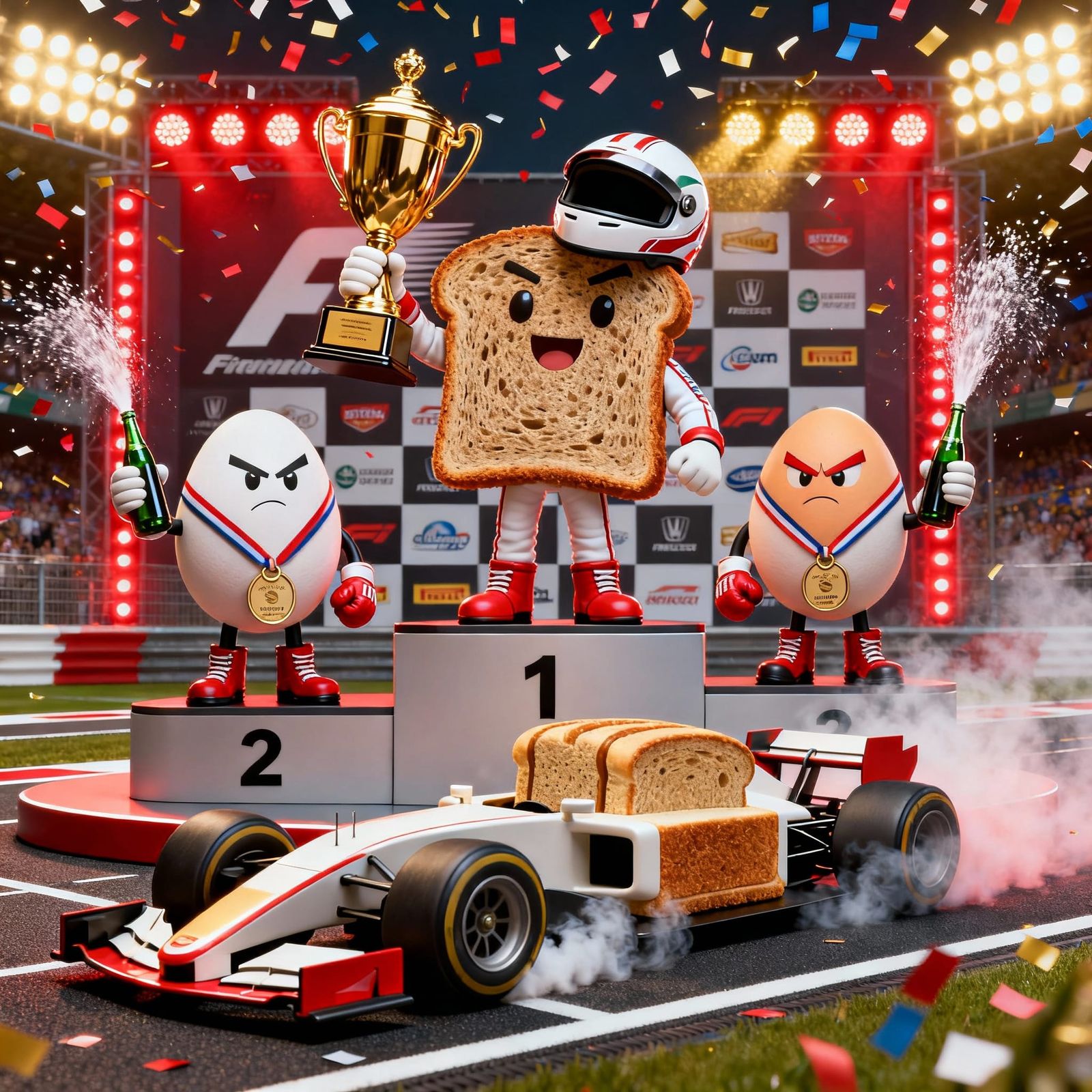 F1 Racing Celebration with Anthropomorphic Toast and Eggs