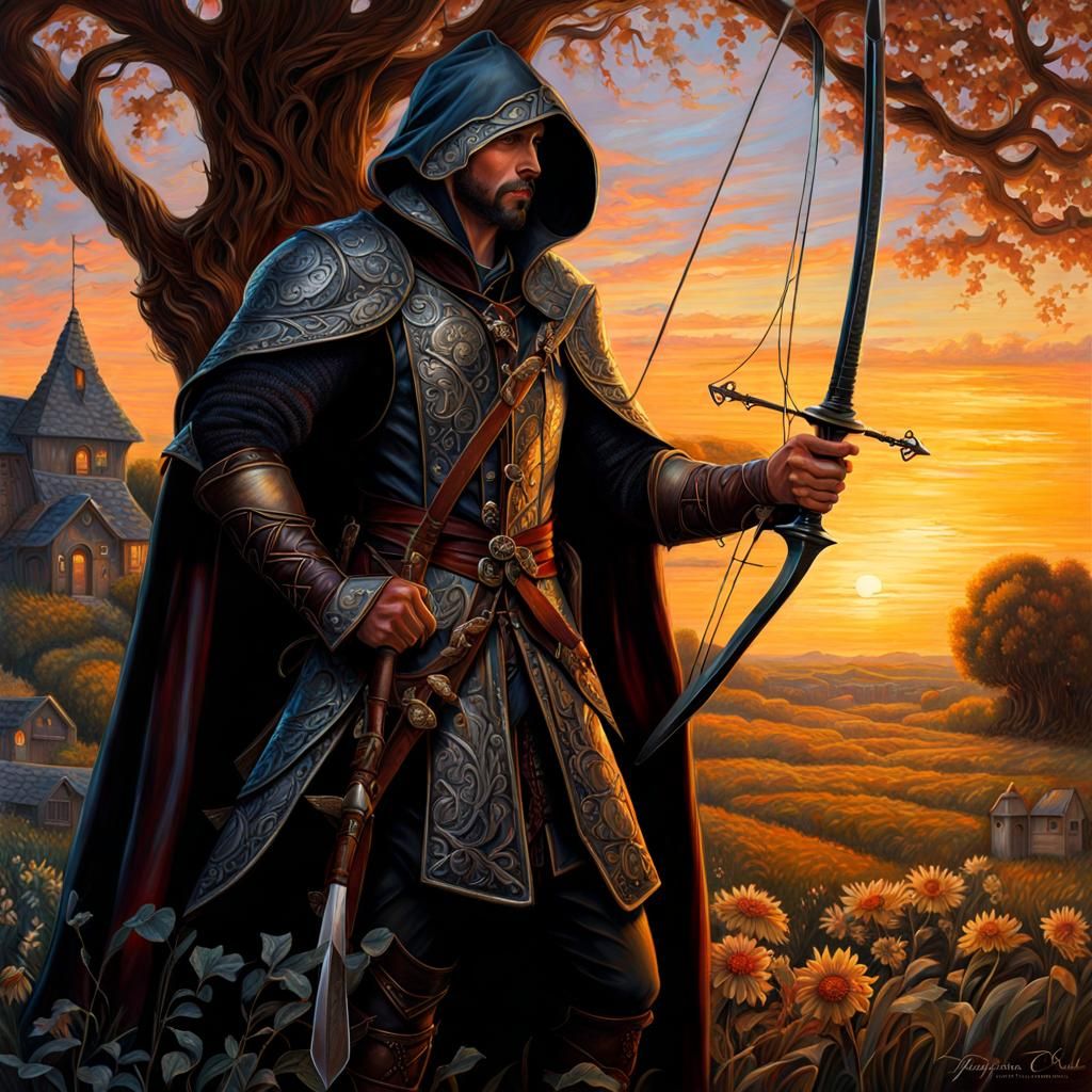 Detailed Dark Fantasy Bard at Sunset