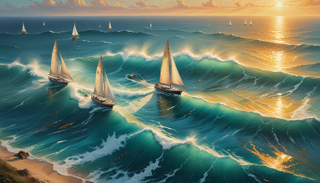 Impressionist Seascape Painting with Sailboats and Golden Li...
