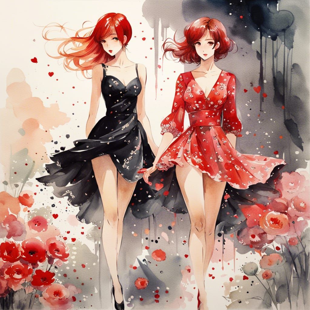 Anime Style: Two Women in Love as Watercolor