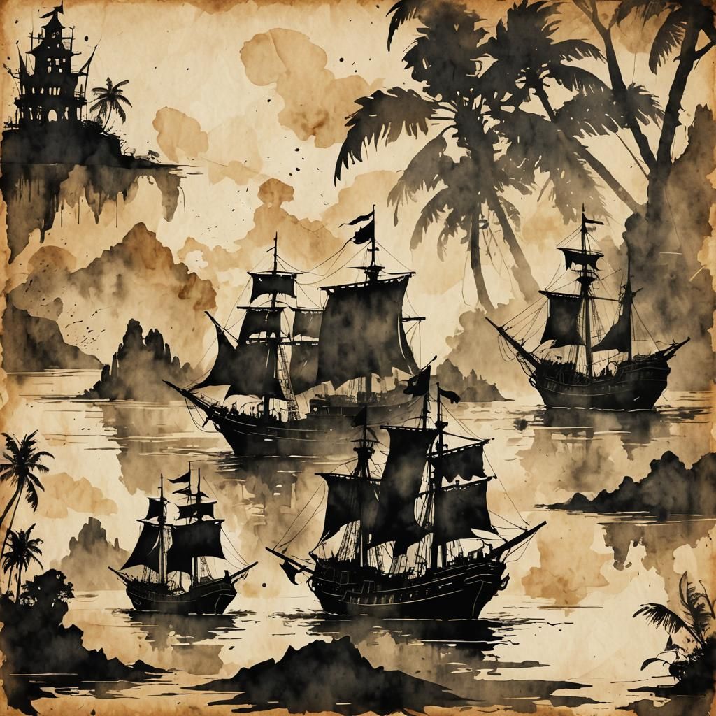 Pirate Ships Silhouette in Steampunk Ink Painting