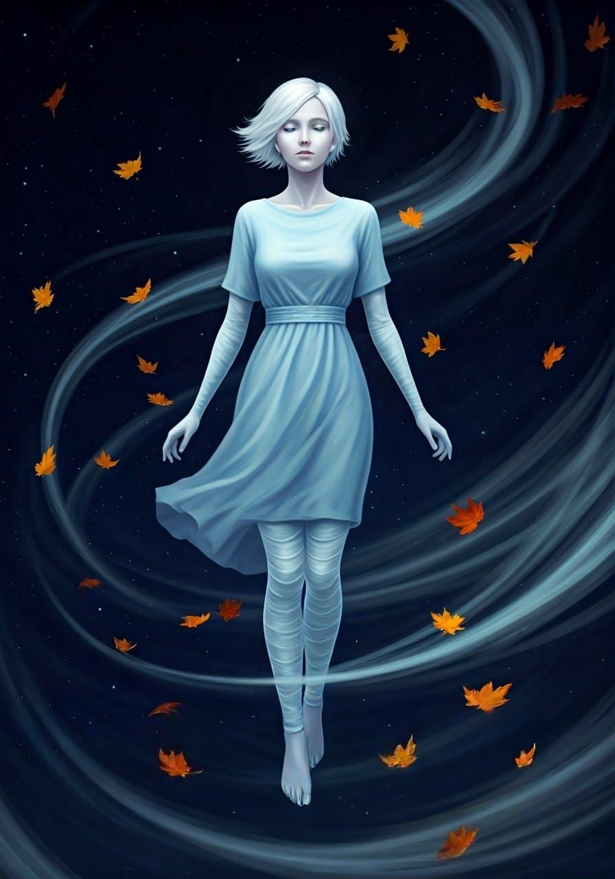 Ethereal Woman of Wind in Autumn Night Sky