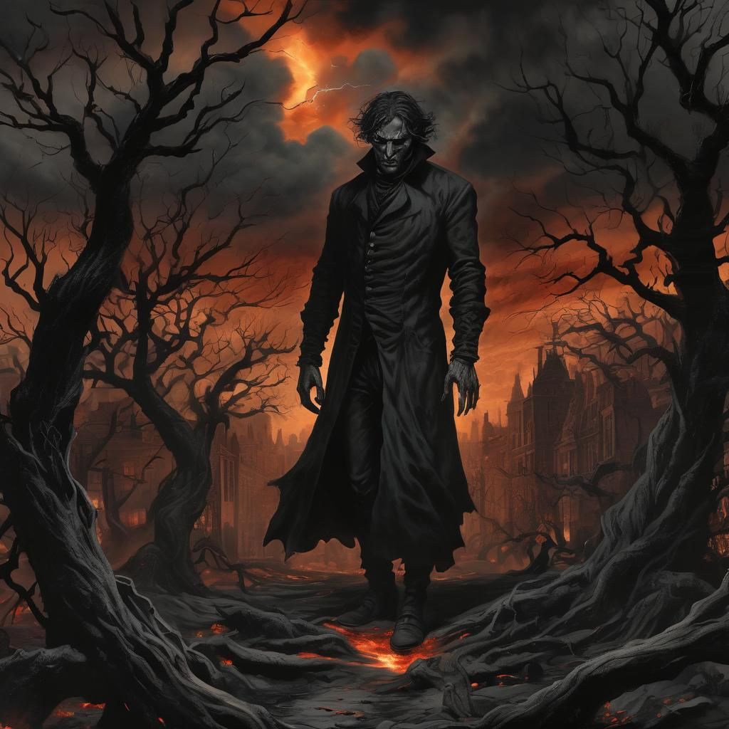 Gothic Horror Figure in Burning Cityscape