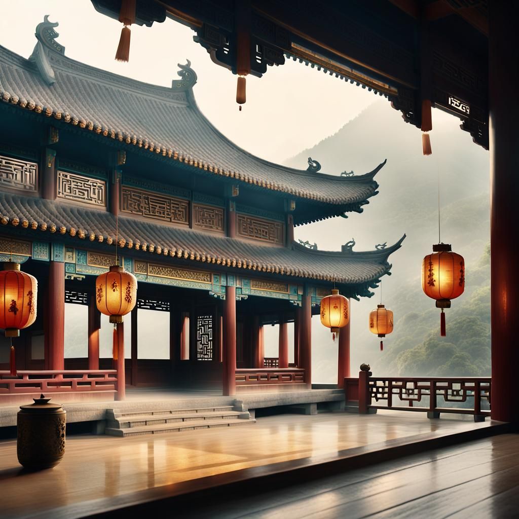 Misty Chinese Palace in Mountains: Traditional Painting