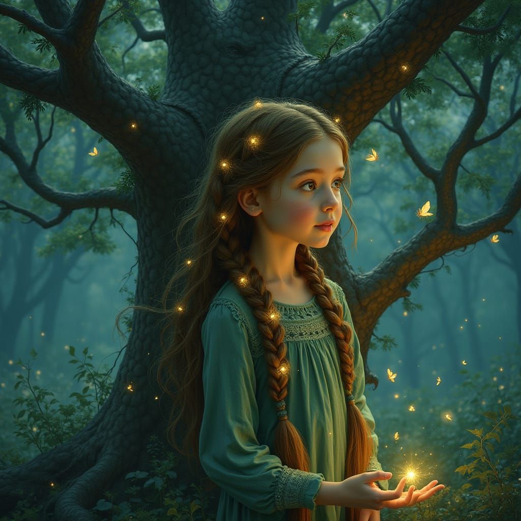 Enchanted Forest Girl with Fireflies: Art Nouveau Style