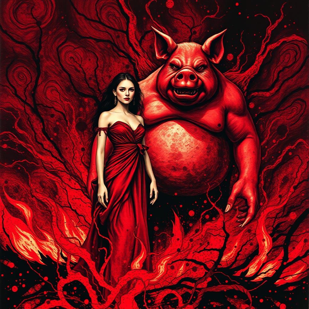 Ink Splatter Art: Woman and Pig Man in Inferno