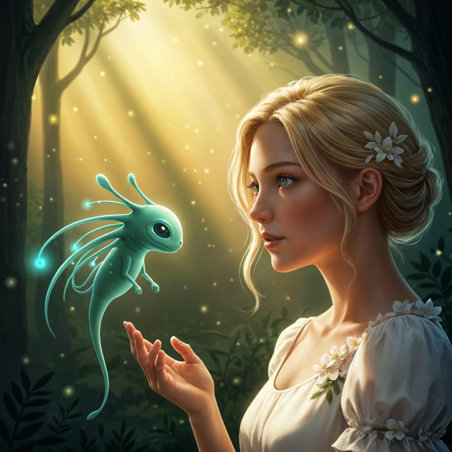 Child Offers Flower to Alien in Impressionist Painting