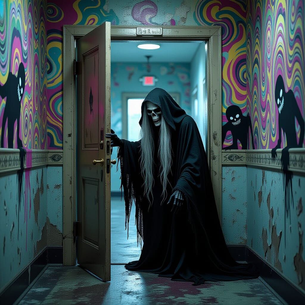 Grim Reaper in Asylum Hallway with Monsters
