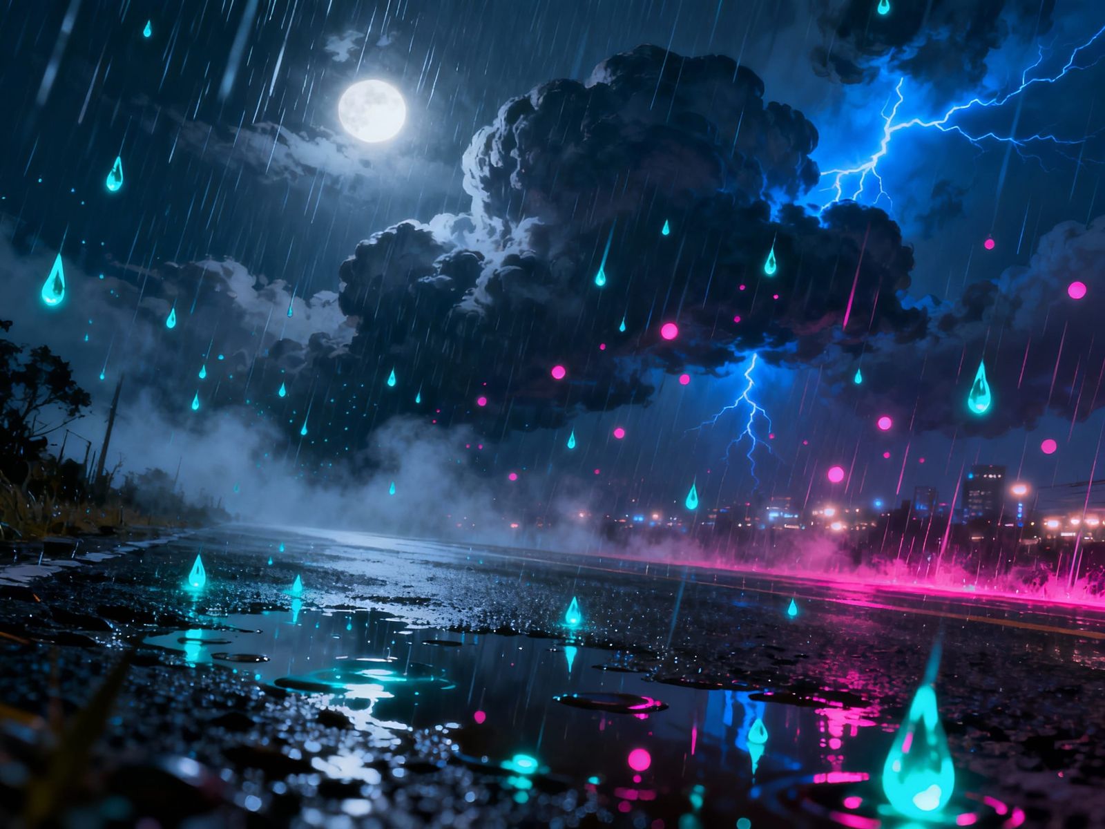 Bioluminescent Rainstorm at Night