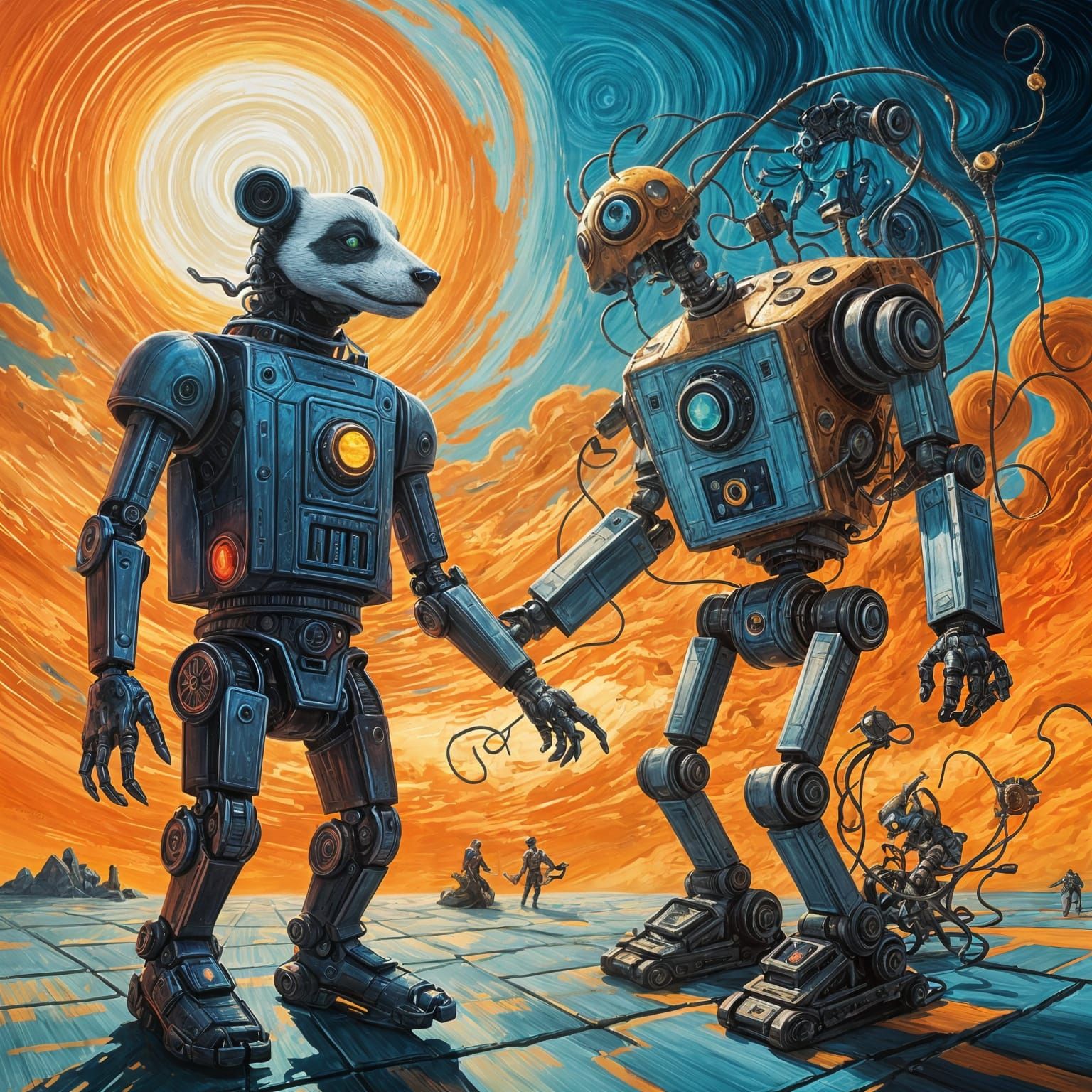 Surreal Scene: Badger, Robot, Ghost, and Sun