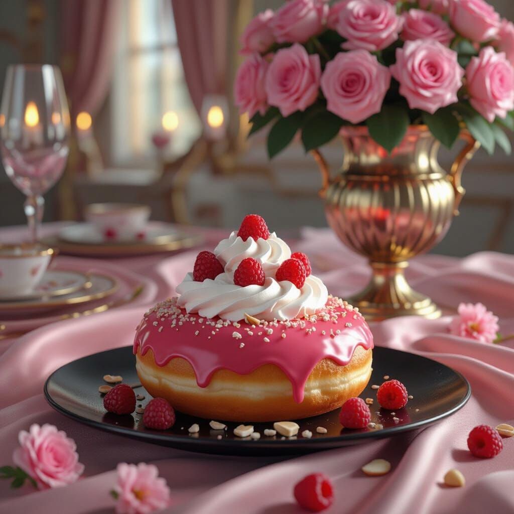 Raspberry Glazed Donut with Roses, Hyper-Realistic Style