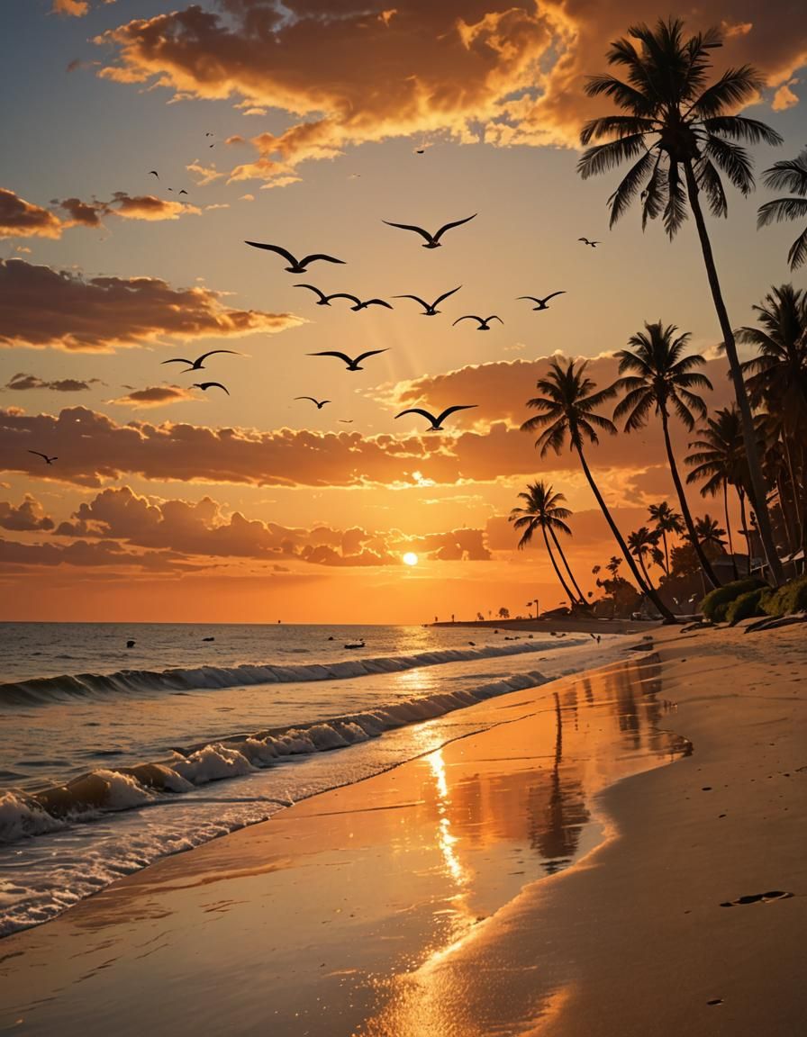 Sunset Coastal Beach Landscape Digital Painting