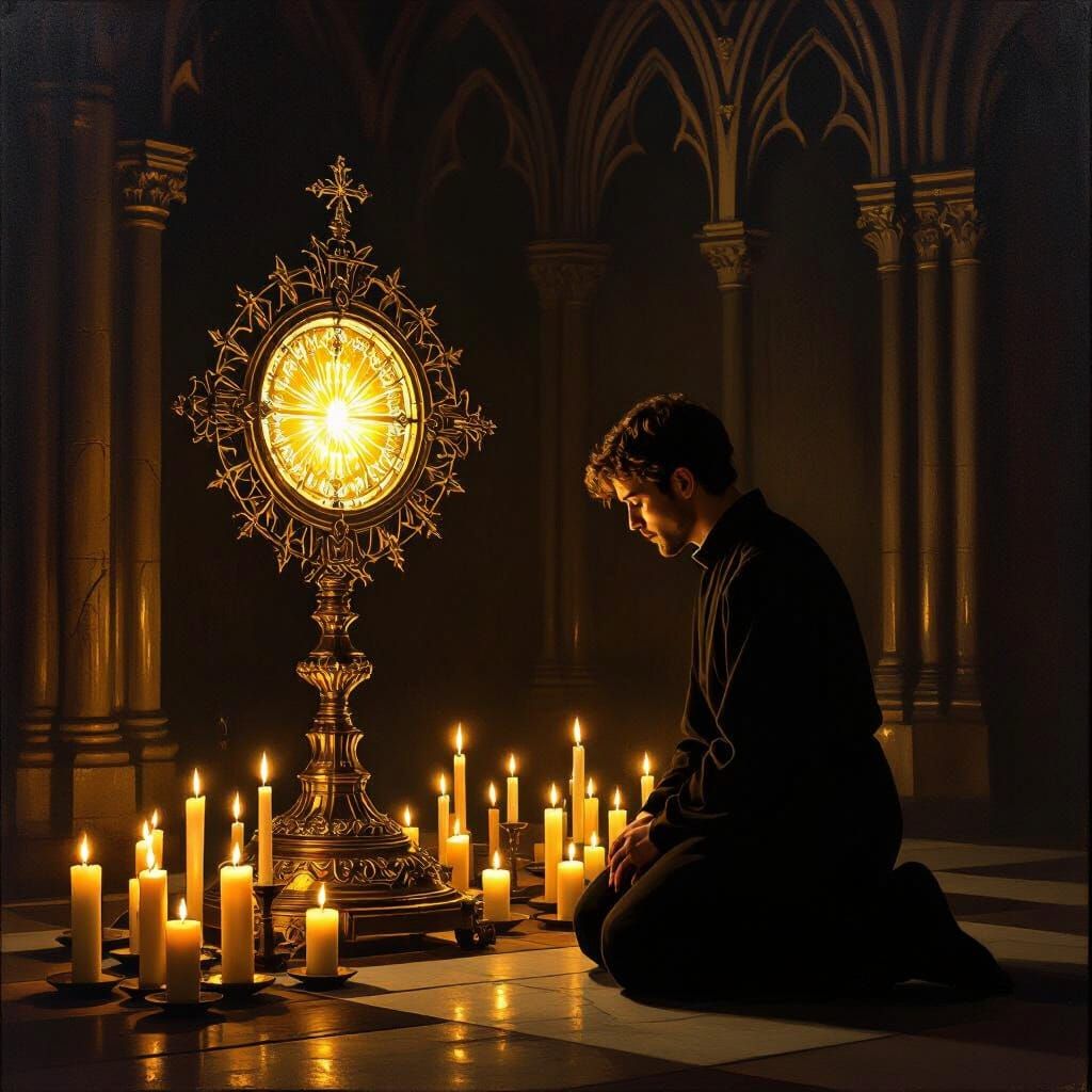 Devotional Oil Painting of Blessed Sacrament in Gothic Chape...