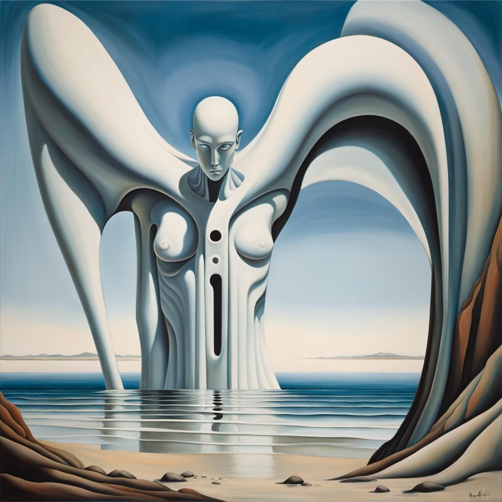 Cyborg Giant on Coastline: Modernist Matte Painting