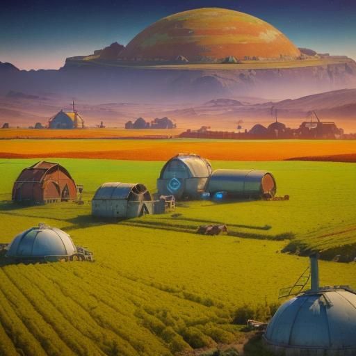 Alien Farmstead with Futuristic Harvesters in Cosmic Landsca...