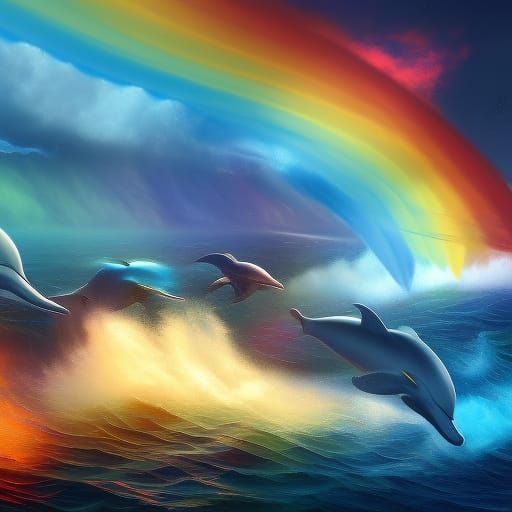Rainbow Dolphin Leaping Through Stormy Seas