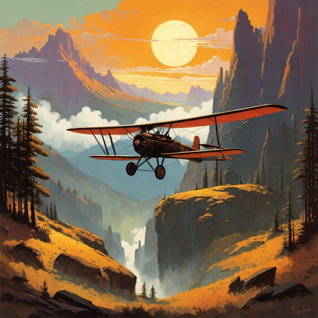 Vintage Biplane Soars Through Majestic Mountain Landscape