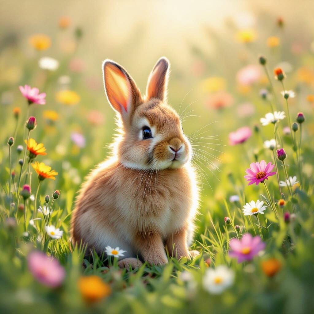 Fluffy Rabbit in Wildflower Meadow Oil Painting