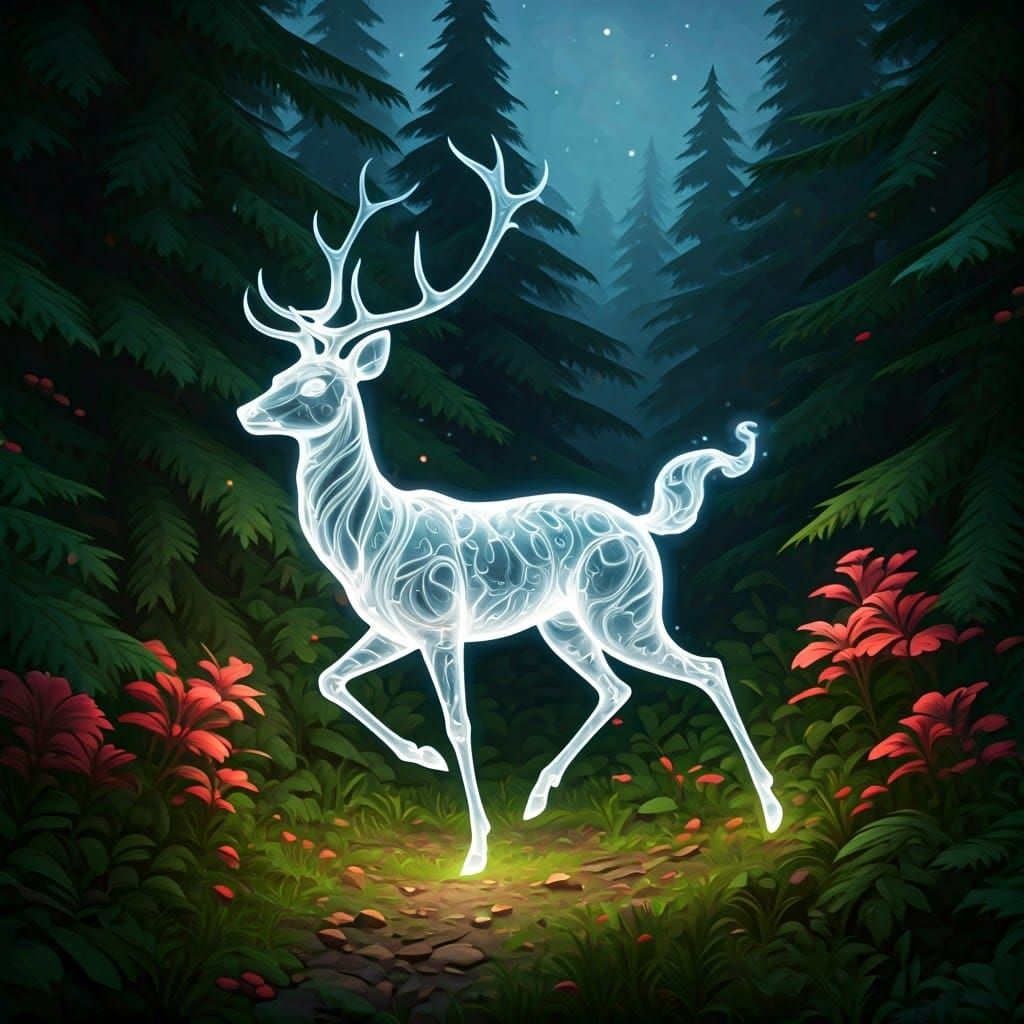 Ethereal Deer Spirit in Moonlit Forest