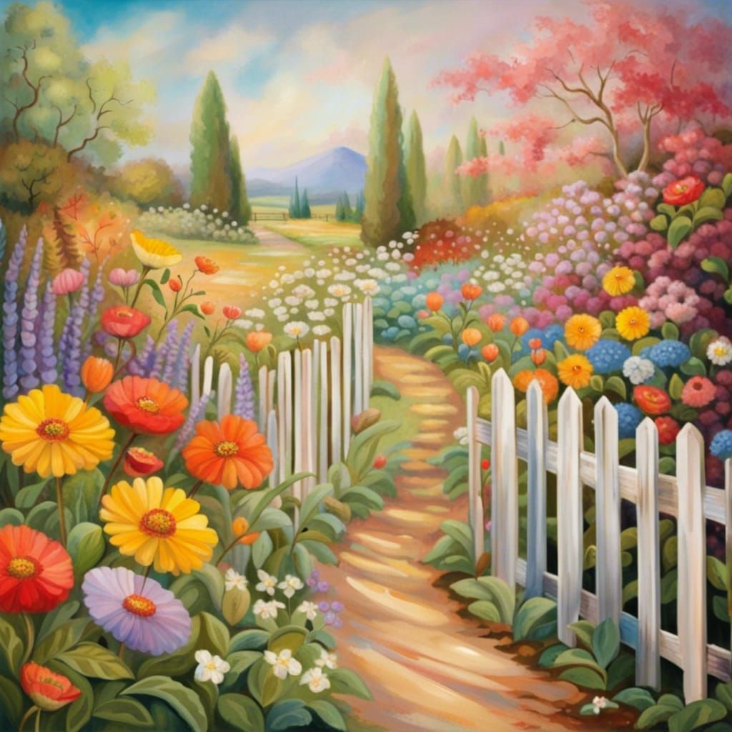 Bright Fresco of a Spring Flower Garden