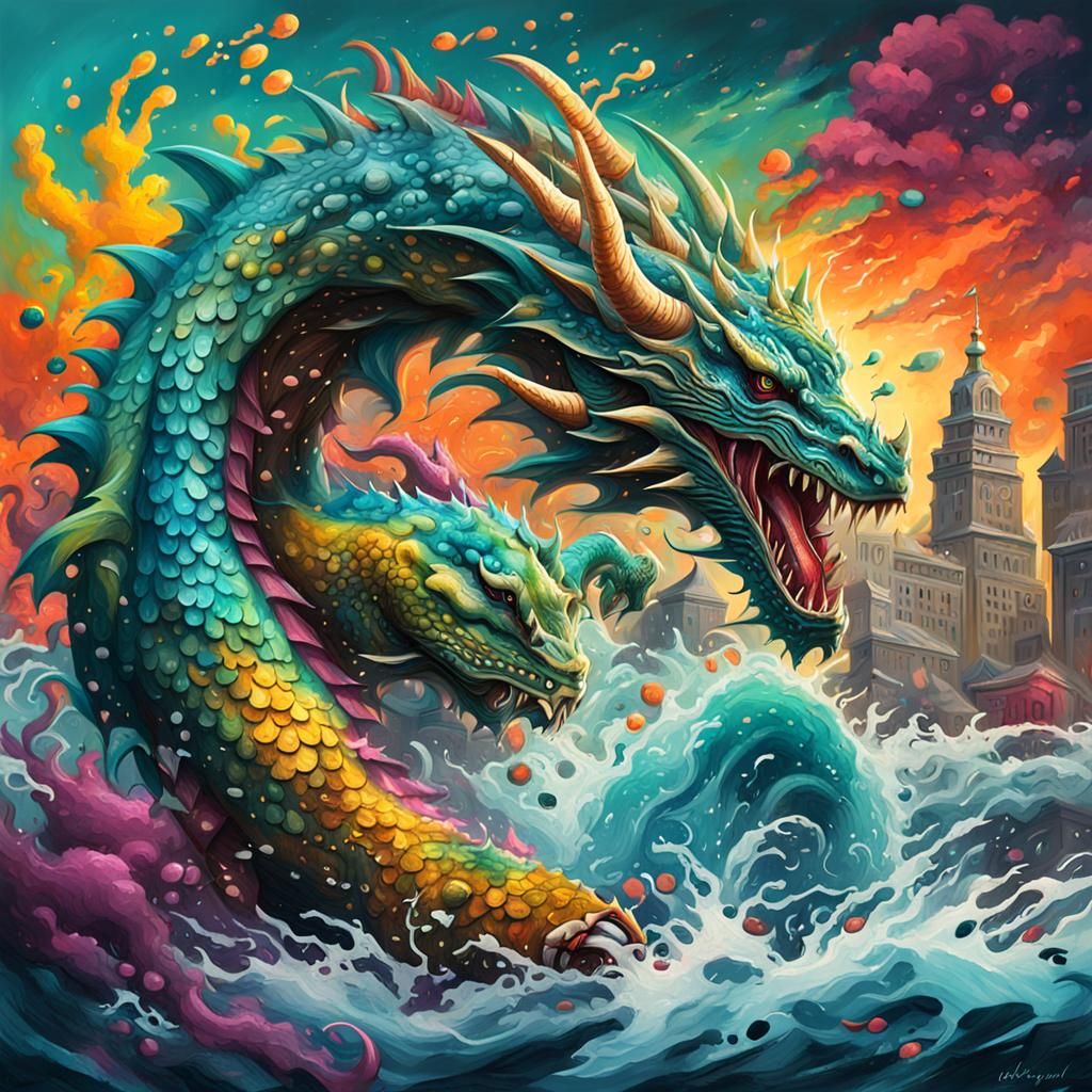 Dragon vs Sea Monster in Graffiti Art Style