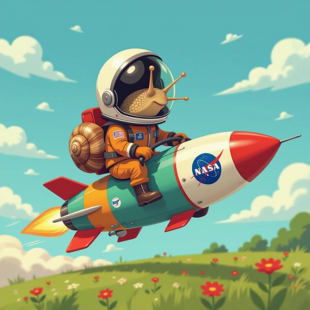 Snail Astronaut on Toy Rocket in Playful Style