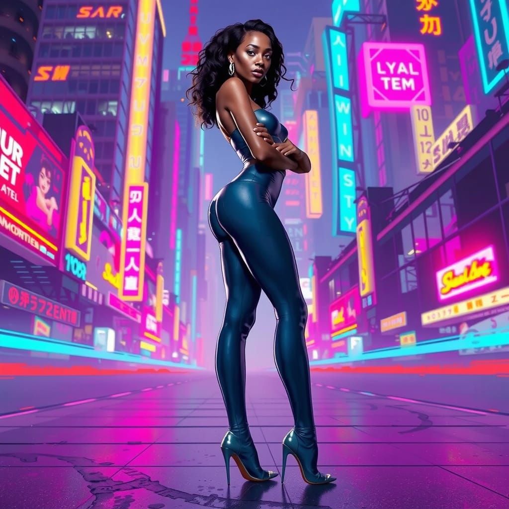 Cyberpunk African Woman in Futuristic Cityscape