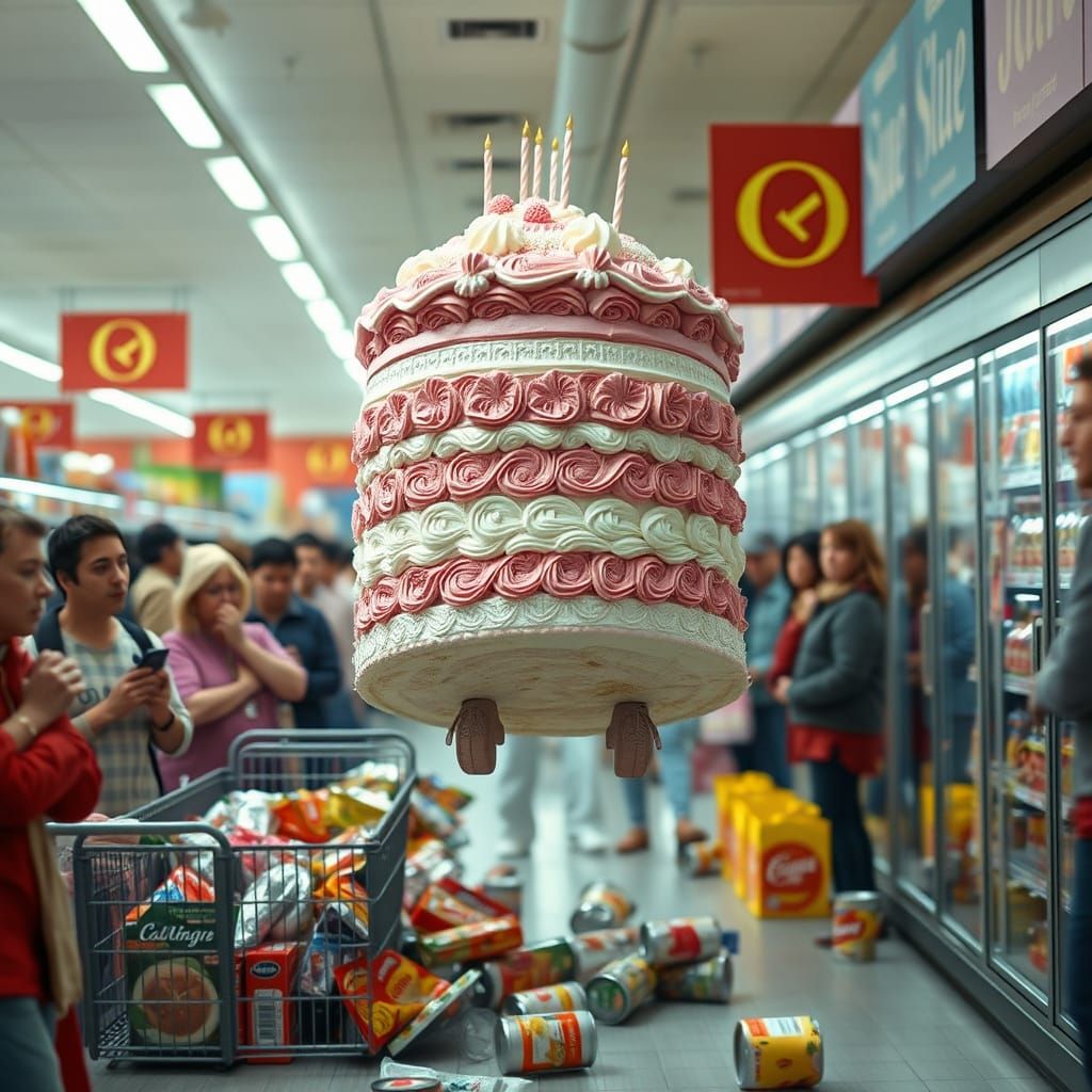 Vibrant Cake Chaos in Grocery Store