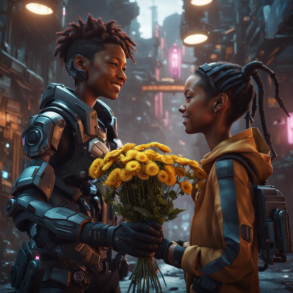 Boy Gives Flowers to Cyborg Girl in Cyberpunk City