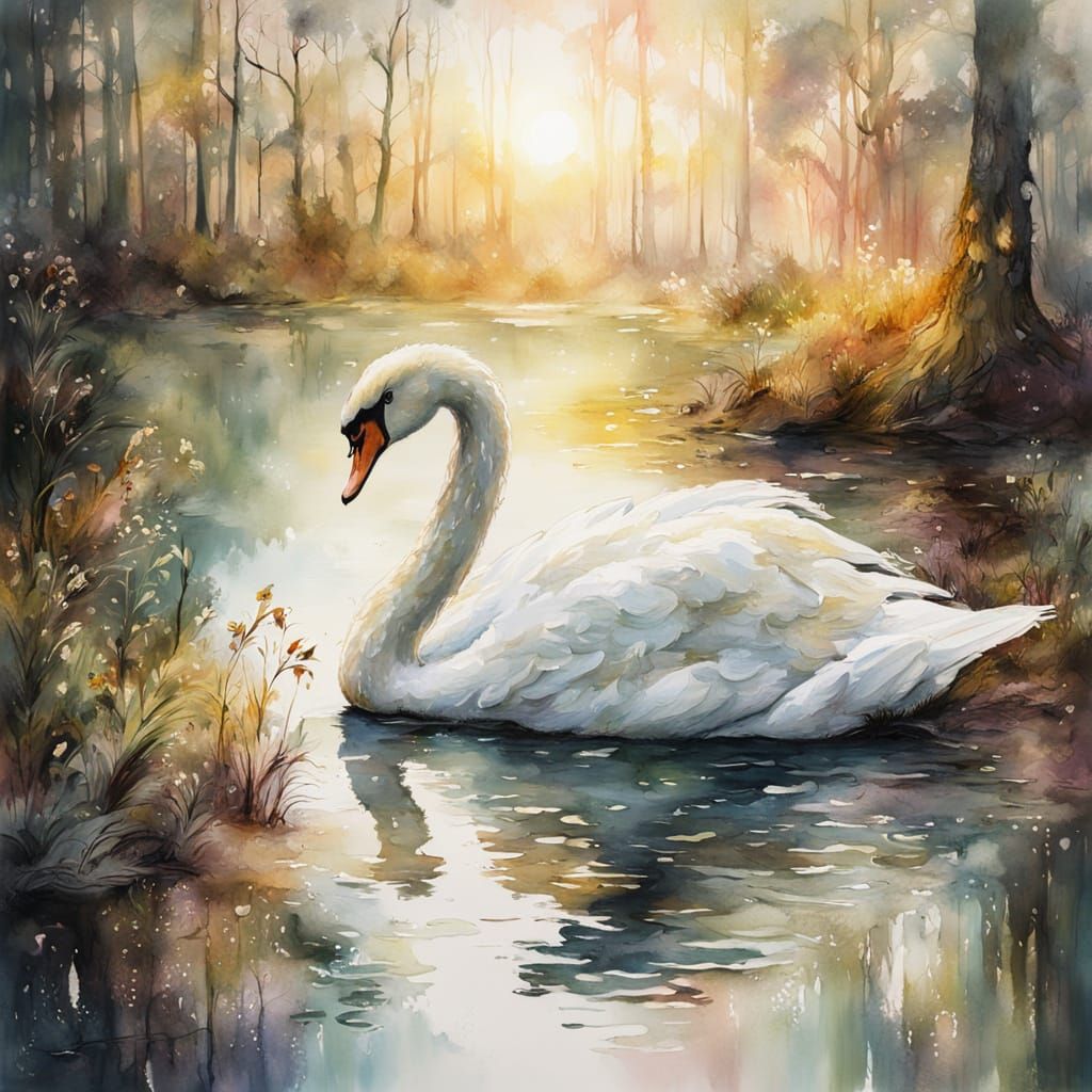 Swan on Forest Lake in Watercolor Style