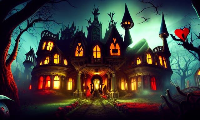 Alice in Wonderland Haunted House in Dark Fantasy Style