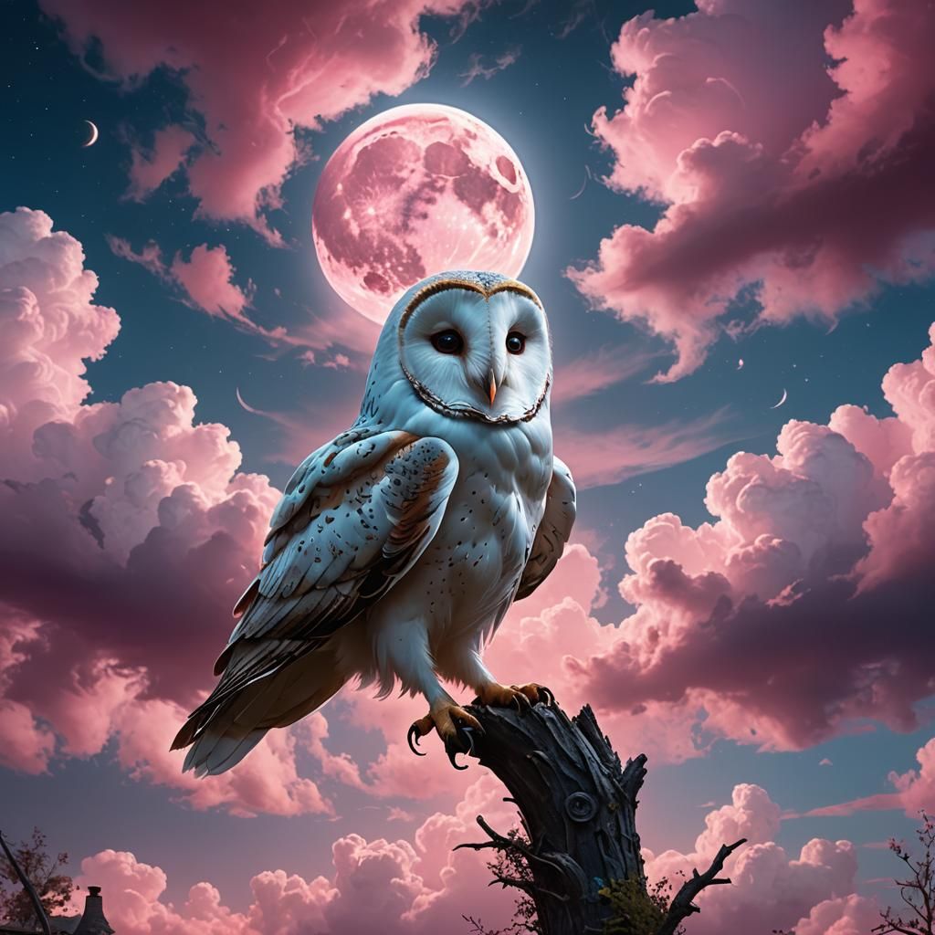 Barn Owl in Pink Clouds, Detailed Digital Painting