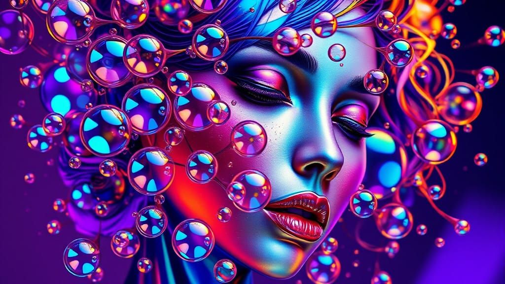 Surreal Iridescent Spheres Cluster in Abstract Woman's Face